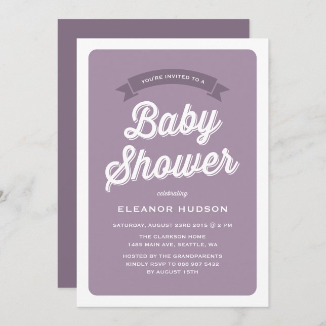 Purple Retro Typography Script Classic Baby Shower Invitation (Front/Back)