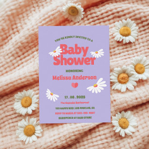 Purple Retro Whimsical Daisy Baby Shower Invitation