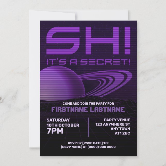 Purple Retrowave Surprise Birthday Party Invite (Front)