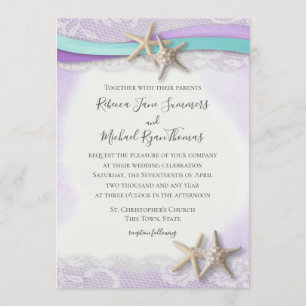 Purple Ribbon and Starfish Watercolor Wedding Invitation
