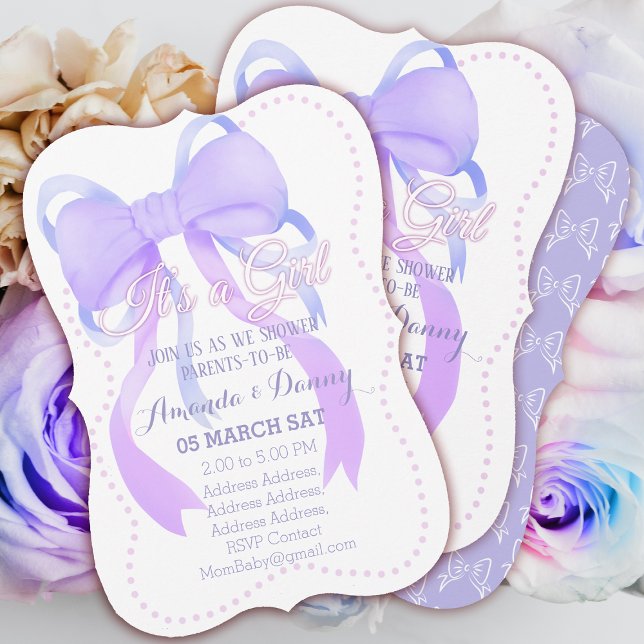 Purple Ribbon Baby Shower  Holiday Card (Purple Ribbon Baby Shower Invitation Card.)