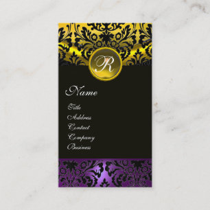 PURPLE RIBBON BLACK GOLD YELLOW DAMASK MONOGRAM BUSINESS CARD
