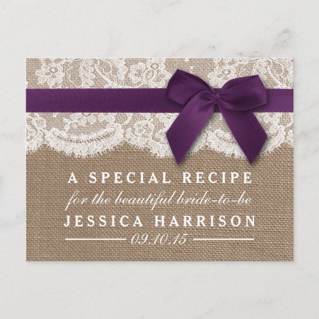 Purple Ribbon, Burlap & Lace Bridal Shower Recipe Invitation Postcard (Front)