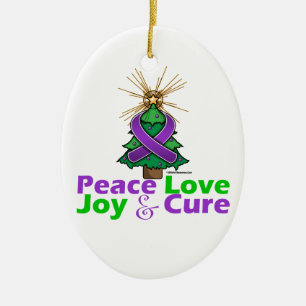Purple Ribbon Christmas Peace Love, Joy & Cure Ceramic Ornament