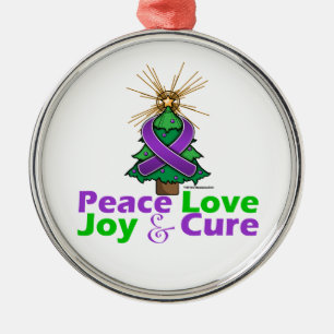 Purple Ribbon Christmas Peace Love, Joy & Cure Metal Tree Decoration