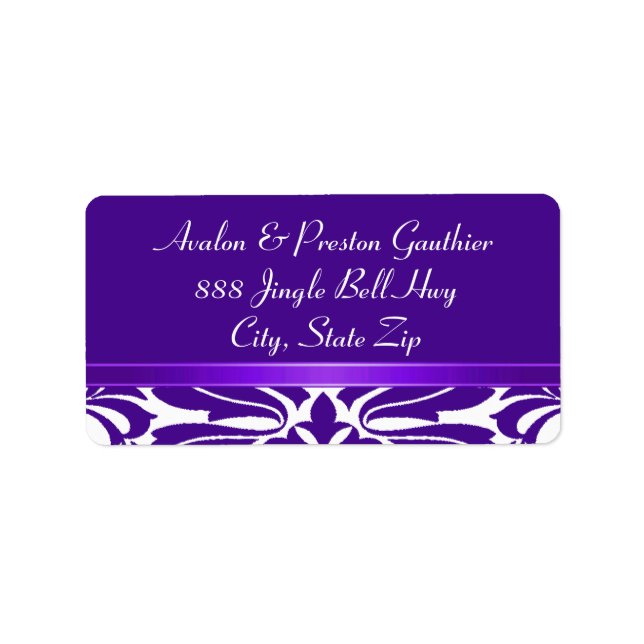 Purple Ribbon Damask Christmas Holiday Label (Front)
