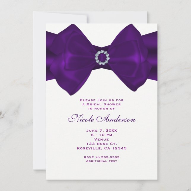 Purple Ribbon & Diamonds Bridal Shower Invitations (Front)