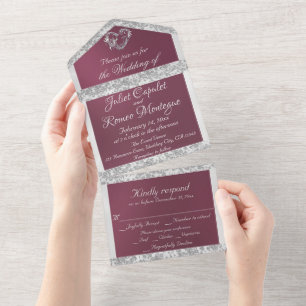 Purple, Ribbon & Glitter Border & Heart All In One Invitation