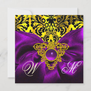 PURPLE RIBBON GOLD CELTIC HEART  DAMASK MONOGRAM INVITATION
