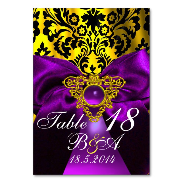 PURPLE RIBBON GOLD CELTIC HEART  DAMASK MONOGRAM TABLE NUMBER (Front)
