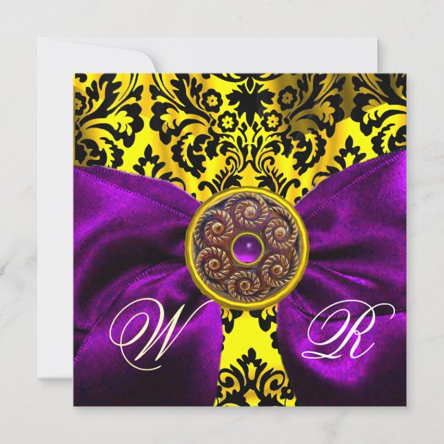 PURPLE  RIBBON GOLD YELLOW  BLACK  DAMASK MONOGRAM INVITATION (Front)
