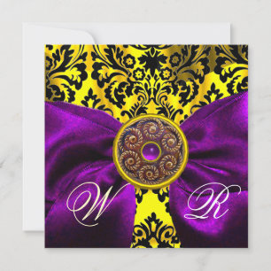 PURPLE  RIBBON GOLD YELLOW  BLACK  DAMASK MONOGRAM INVITATION