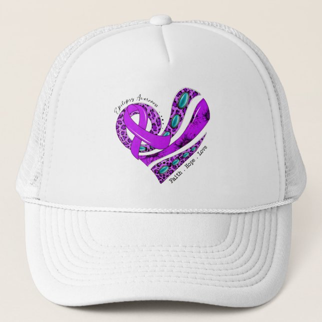 Purple Ribbon Heart Epilepsy Support Trucker Hat (Front)