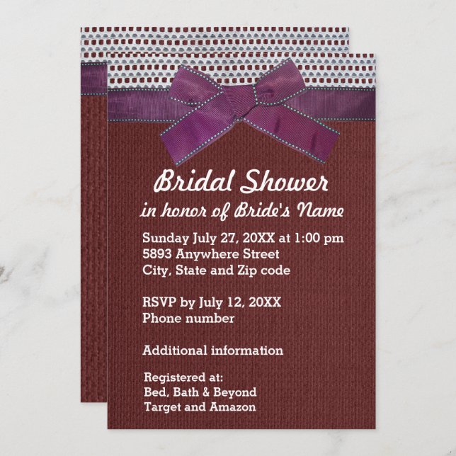 Purple Ribbon, Lace, Red Burlap Bridal Shower Inv Invitation (Front/Back)