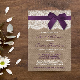 Purple Ribbon On Burlap & Lace Bridal Shower Invitation