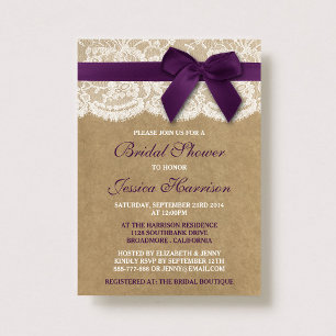 Purple Ribbon On Kraft & Lace Bridal Shower Invitation