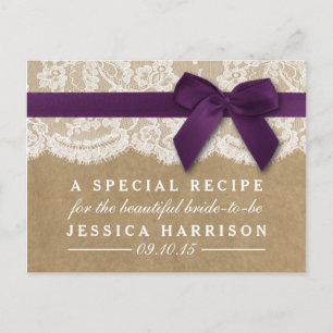Purple Ribbon On Kraft & Lace Bridal Shower Recipe Invitation Postcard