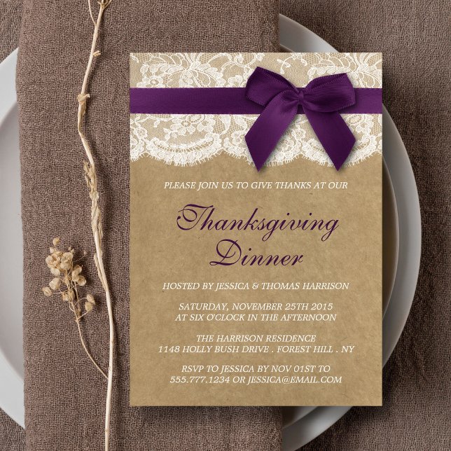 Purple Ribbon On Kraft & Lace Thanksgiving Dinner Invitation (Creator Uploaded)