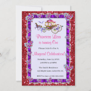 Purple Ribbon Red Glitter Royal Princess Birthday Invitation