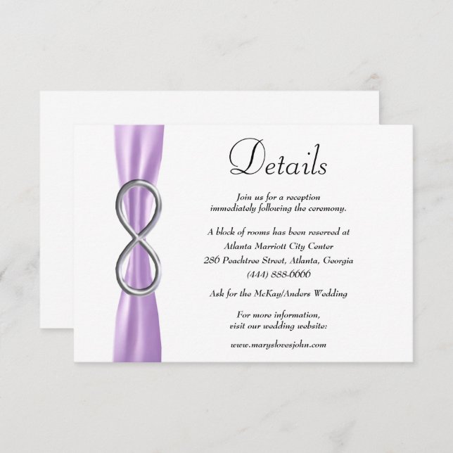 Purple Ribbon Silver Infinity Wedding Details Enclosure Card (Front/Back)