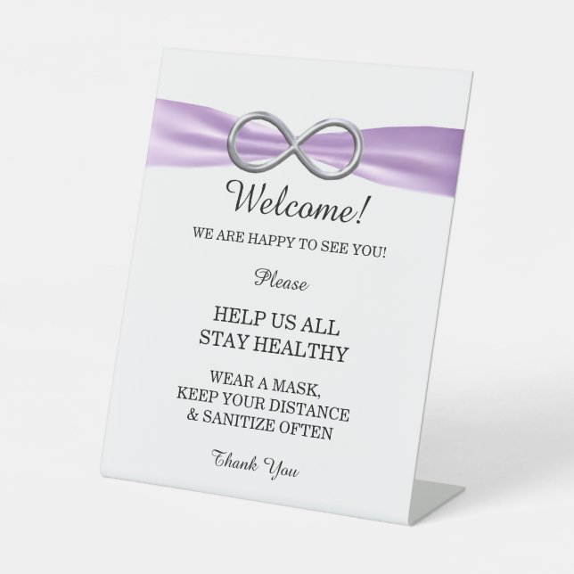 Purple Ribbon Silver Infinity Wedding Safety  Pedestal Sign (Front)