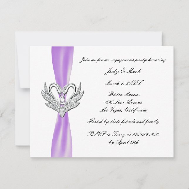 Purple Ribbon Silver Swans Engagement Party Invite (Front)