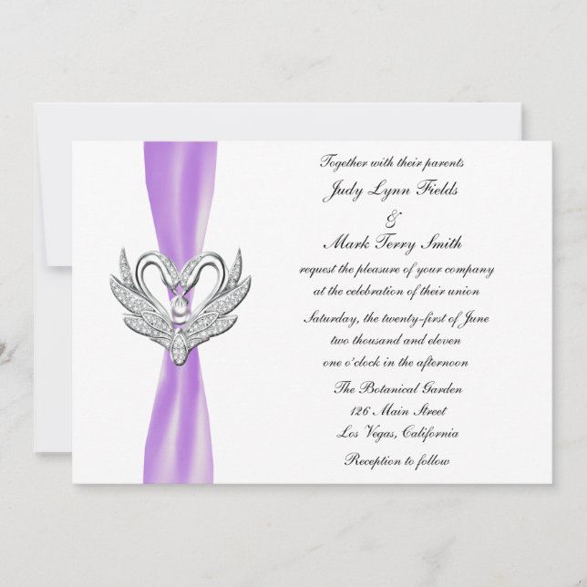 Purple Ribbon Silver Swans Invitation (Front)