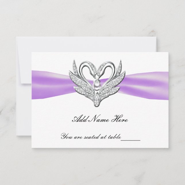 Purple Ribbon Silver Swans Table Place Card (Front)