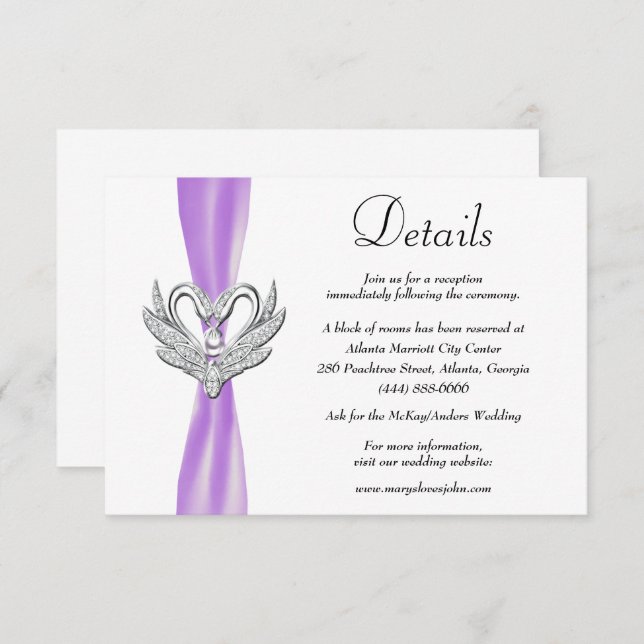 Purple Ribbon Silver Swans Wedding Details Enclosure Card (Front/Back)