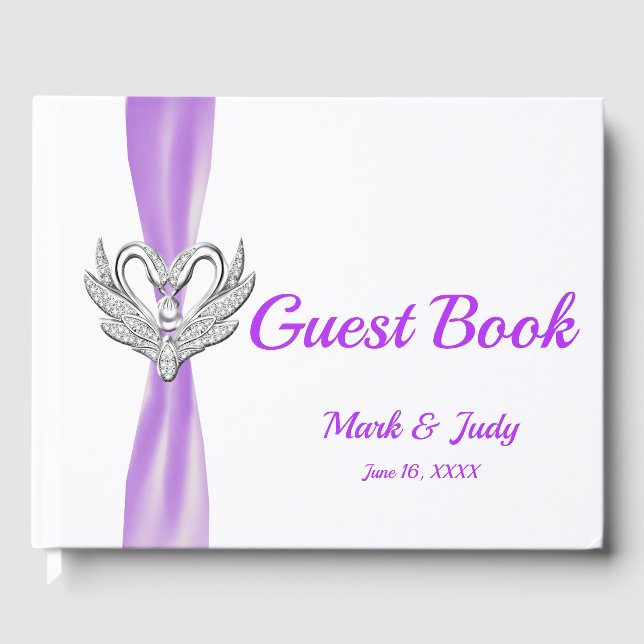 Purple Ribbon Silver Swans Wedding Guestbook (Front)