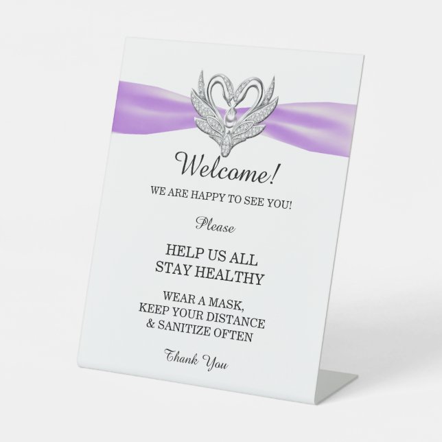 Purple Ribbon Silver Swans Wedding Safety  Pedestal Sign (Front)
