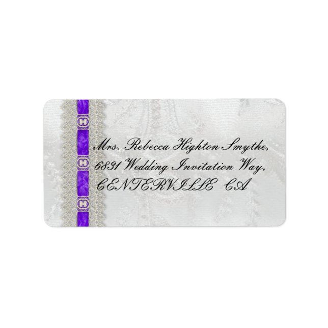 Purple Ribbon, White Satin Wedding Label (Front)