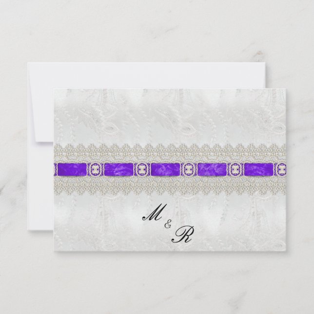 Purple Ribbon, White Satin Wedding RSVP Card (Front)