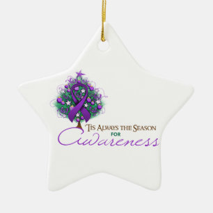 Purple Ribbon Xmas Awareness Season Ceramic Tree Decoration