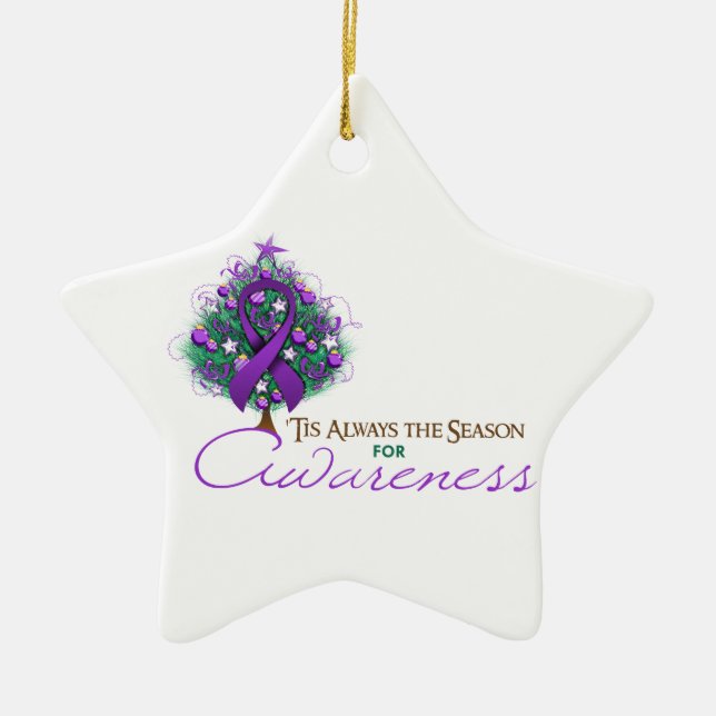 Purple Ribbon Xmas Awareness Season Ceramic Tree Decoration (Front)