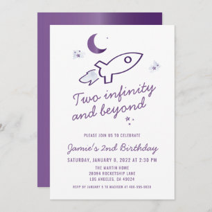 Purple Rocket Ship Outer Space 2nd Birthday Invitation