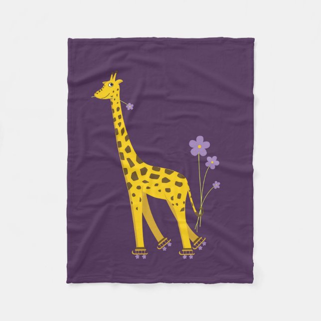 Purple Roller Skating Funny Cartoon Giraffe Fleece Blanket (Front)