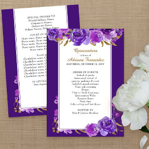 Purple Rose and Elegant Gold Leaf Quinceanera Program