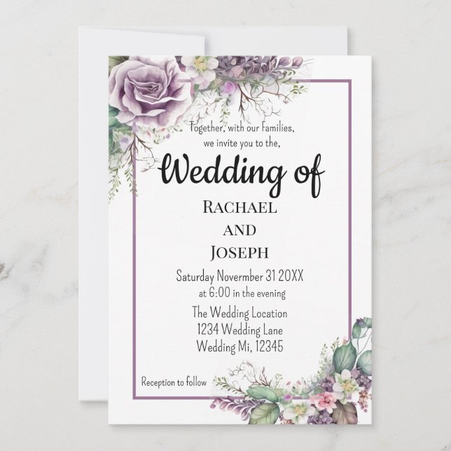 Purple Rose and Eucalyptamint Wedding Invitation (Front)