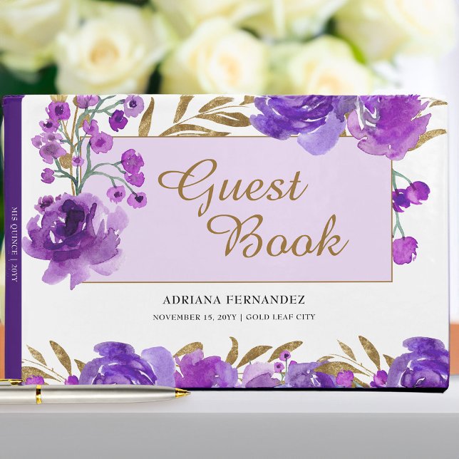 Purple Rose and Gold Leaf Celebration Guest Book (Purple floral guest book from my Rose and Gold Leaf quinceanera collection)