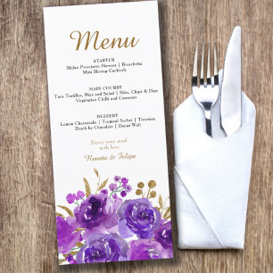 Purple Rose and Gold Leaf Editable 3 Course Menu