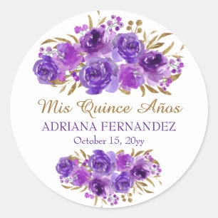 Purple Rose and Gold Leaf Mis Quince Anos Classic Round Sticker