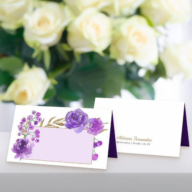 Purple Rose and Gold Leaf Name Plate Place Card (Purple floral place cards from my Rose and Gold Leaf quinceanera collection)