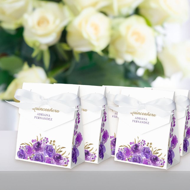 Purple Rose and Gold Leaf Personalised Floral Favour Box (Blue rose floral favor boxes from my Rose and Gold Leaf quinceanera collection)