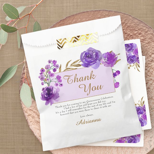 Purple Rose and Gold Leaf Thank You Party Favour Bag (Purple floral favor bags from my Rose and Gold Leaf quinceanera collection)