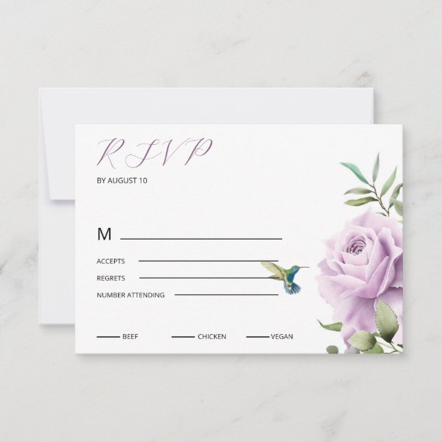 Purple Rose and  Hummingbird RSVP Card (Front)