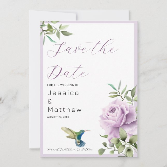 Purple Rose and  Hummingbird Save The Date (Front)
