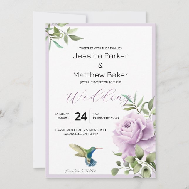 Purple Rose and  Hummingbird Wedding Invitation (Front)