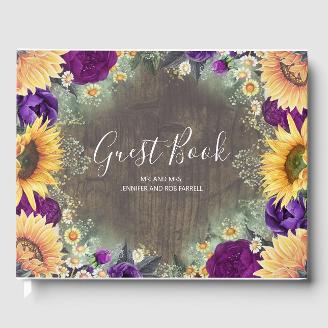 Purple Rose and Sunflower Rustic Fall Wedding Guest Book (Front)