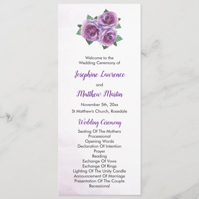Purple Rose Bouquet Wedding Ceremony Program (Front)